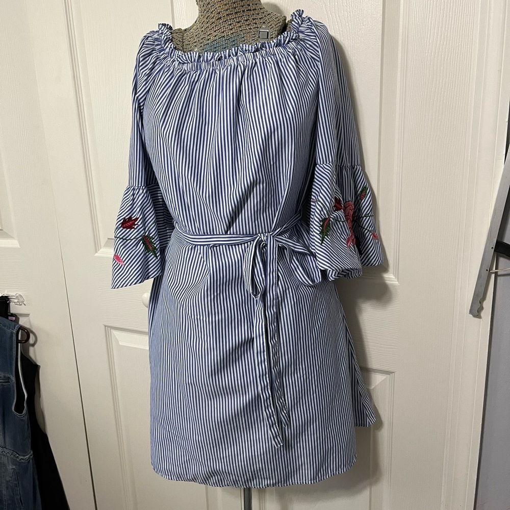 Blue &white striped embroidered dresss- EUC.
